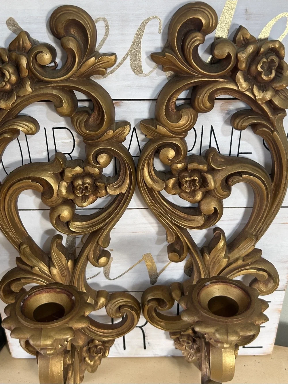 Vintage SET of 2 Homco Gold Bronze Ornate Floral Wall Sconces